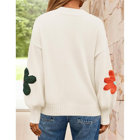 Women's Fall Long Puff Sleeve Crewneck Ribbed Knit Flower Loose Pullover Sweater - Picture 4 of 8